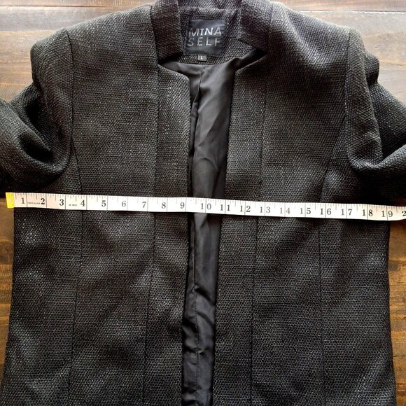 Mina Self Womens Open Front Black Tweed Jacket Notch Collar Structured Fit L - Picture 6 of 9